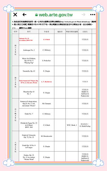 112學年度台北五項藝術比賽鋼琴指定曲和簡章