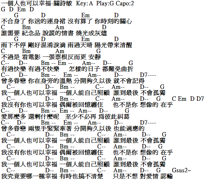 一個人也可以幸福G調吉他譜-關詩敏.PNG