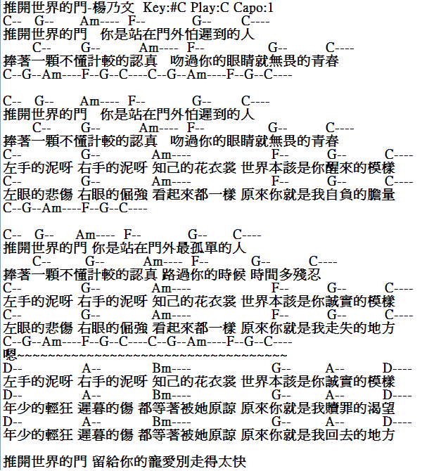 推開世界的門吉他譜-楊乃文.PNG