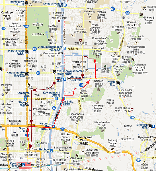 第三天早上的腳踏車之旅路線圖 (圓點是午餐丸龜製麵的所在地) 第三天早上的腳踏車之旅路線圖 (圓點是午餐丸龜製麵的所在地)