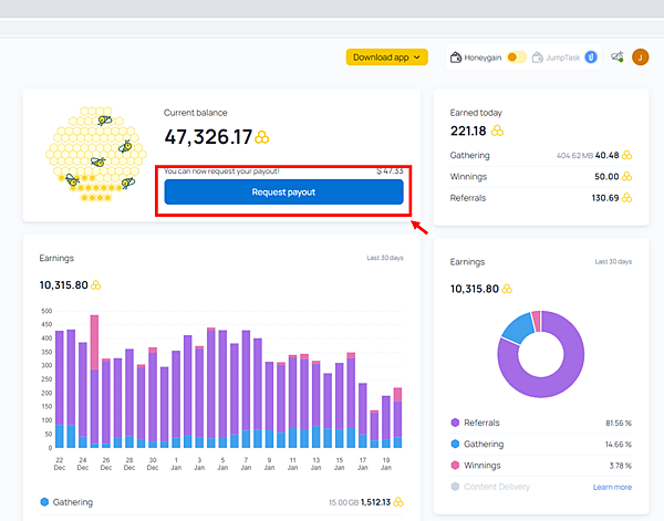 (2022.01更新)honeygain 自動掛機賺錢 累積出金 NT$1655+USD$65.75