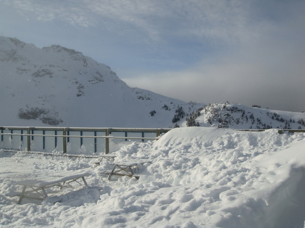 山頂遊客休息站後面的大陽台,這裡的雪超蓬鬆的.JPG