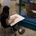 博物館內，好多人對著動物標本寫生