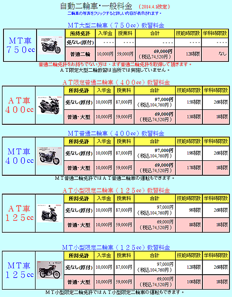 自動二輪車 一般料金