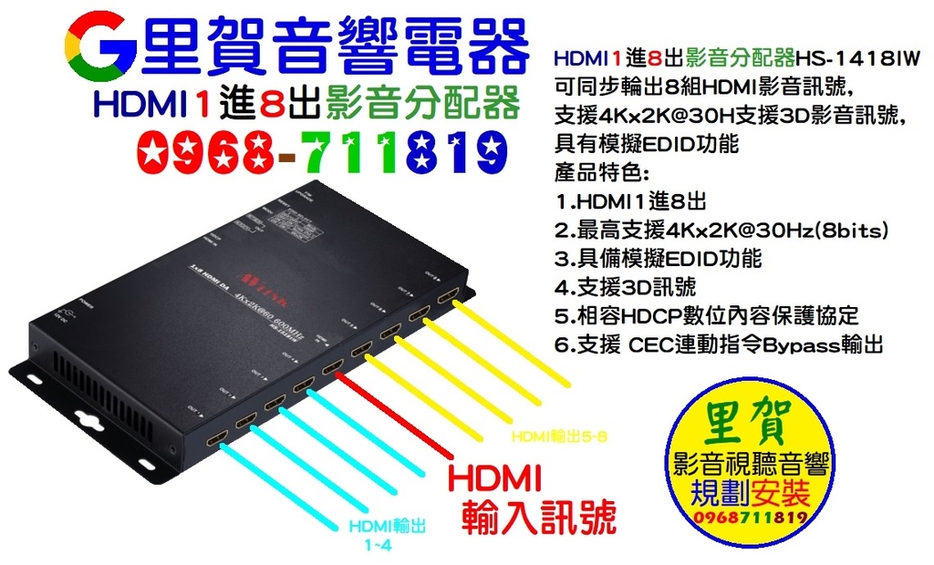 HDMI1進8出影音分配器HS-1418IW里賀音響電器.jpg