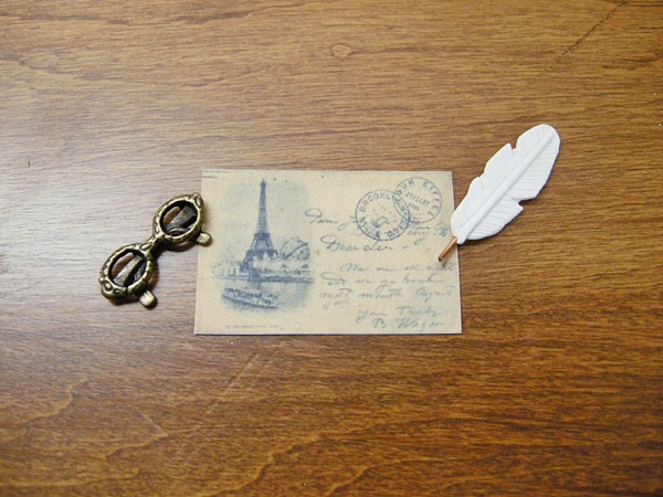 Dollhouse Miniature Quill ,paris post card ,vintage glasses,window box packaging