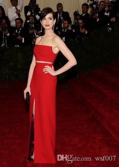 2015-Met-Gala-Ball-Anne-Hathaway-Simple-Two-Piece-Red-Long-Prom-Evening-Dresses-Strapless-Sleeveless