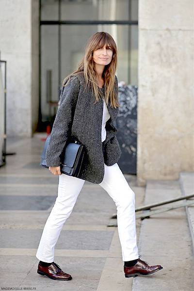 Le-Fashion-Blog-Street-Style-Caroline-De-Maigret-Menswear-Inspired-Look-Grey-Blazer-Tee-Black-Clutch-White-Jeans-Oxfords-Via-Mademoiselle-Marie
