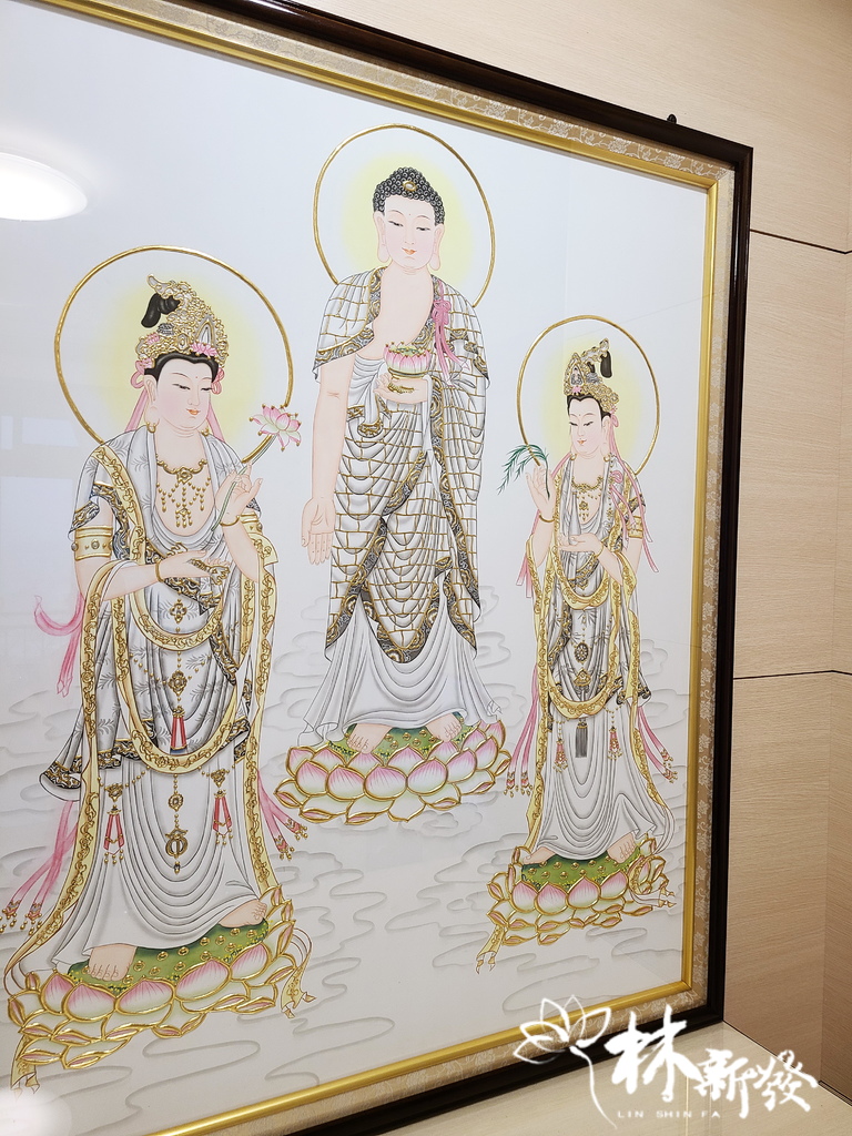 西方三聖神彩(純金線全手工作品)-「清靜莊嚴超眾聖、慈悲喜捨