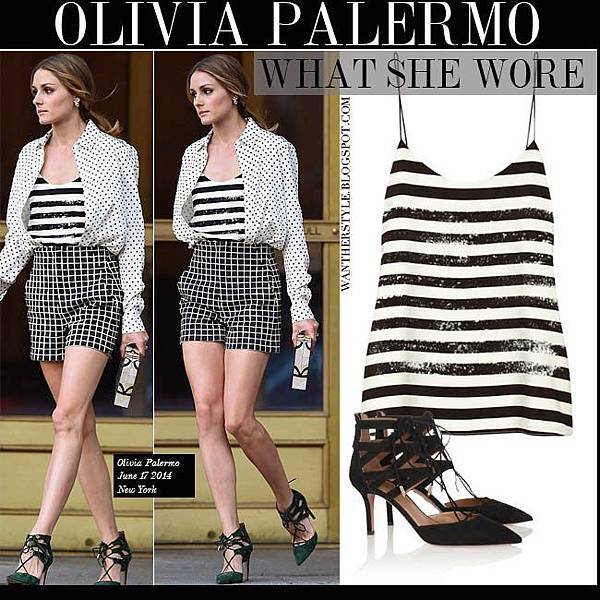 olivia palermo in black white stripe top black check print shorts and polka dot blouse