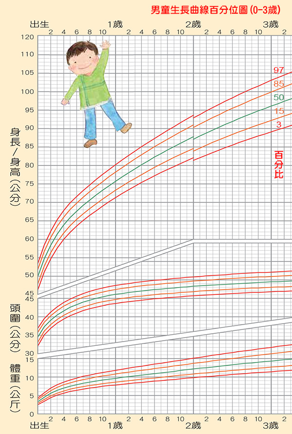 「男童」生長曲線百分位圖(0-3歲，身高/頭圍/體重),身高體重換算