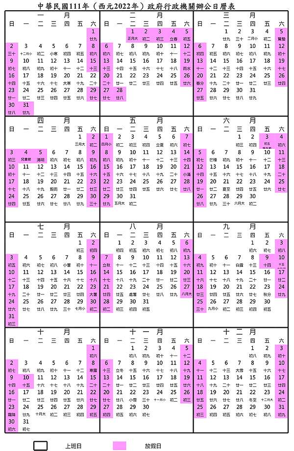 22行事曆 民國111年 一張表秒懂國定假日 連假補班 農民曆111年 元旦 過年春節 228連假 清明節 莊董的生活情報讚 痞客邦