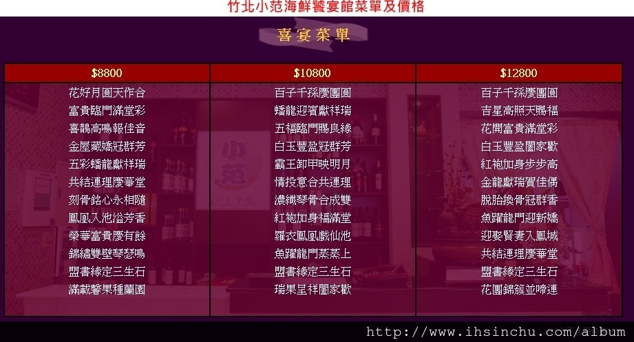 小范海鮮饕宴館位於竹北環北路,是新竹一家老字號的婚宴場地及尾牙餐廳,價格約一桌8800元 小范海鮮饕宴館位於竹北環北路,是新竹一家老字號的婚宴場地及尾牙餐廳,價格約一桌8800元