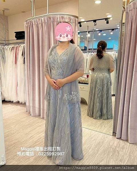 銀灰色蕾絲亮鑽V領抓褶A字收腹中大碼晚禮服.jpg