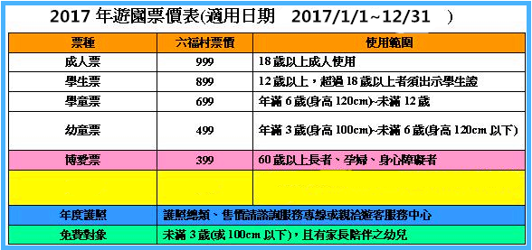 2017六福村主題樂園票價