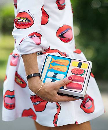 Anna Dello Russo wearing Au Jour le Jour lip print dress MFW