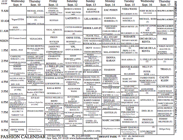 NYFW S/S 2010 Schedule 