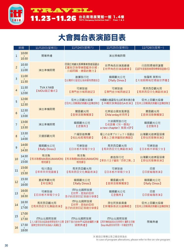 2018ITF-舞台節目表