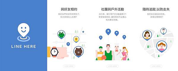 【圖一】LINE推出「LINE HERE」即時定位分享服務，用戶能分享所在位置，讓約會尋人更方便