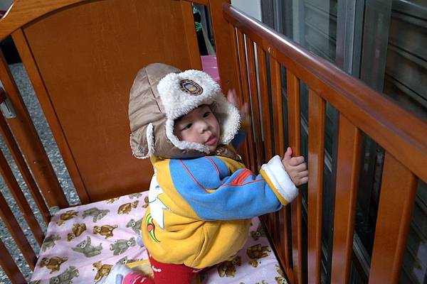 小鹹蛋戴安全帽練走路