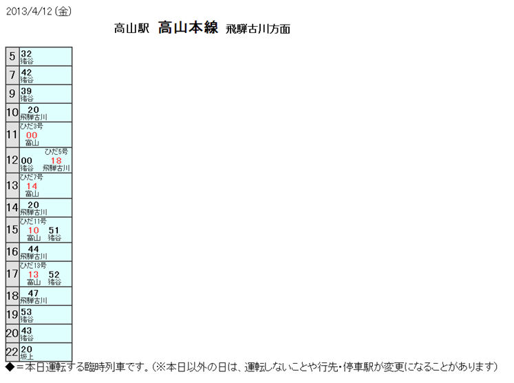 高山至古川班車時刻表