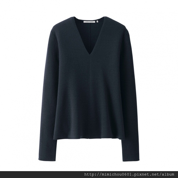 WOMEN LEMAIRE Milano Rib Flare V Neck Sweater Navy