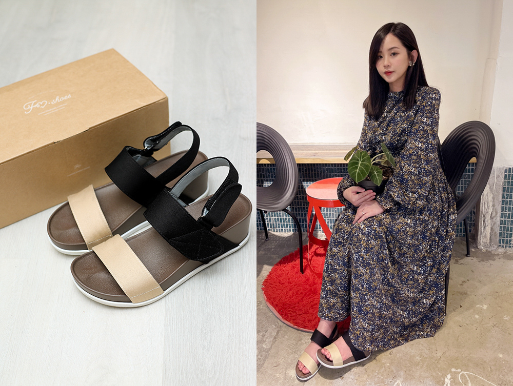 穿搭 Fmshoes 時尚美鞋訂製款 防潑水一字撞色楔型涼鞋孕期愛穿的涼鞋好穿脫耐走又止滑 孕婦穿搭