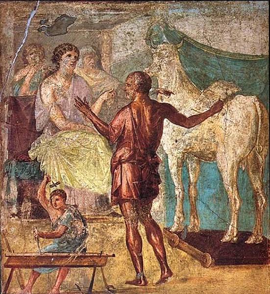 Pasiphae, Daedalus, and the wooden cow. Roman fresco from the northern wall of the triclinium in the Casa dei Vettii (VI 15,1) in Pompeii..jpg