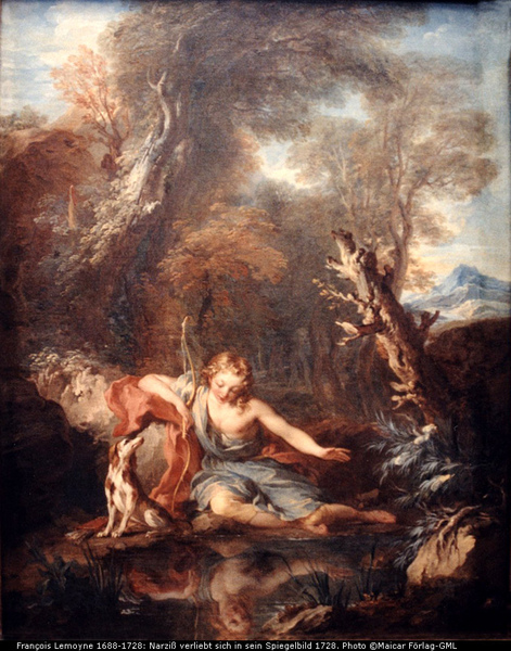 Narcissus in love with his image, 1728. Painting by François Lemoyne, 1688-1728. Hamburger Kunsthalle