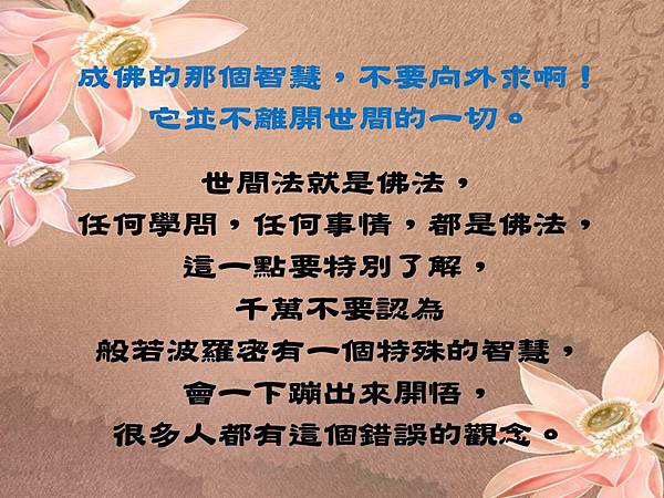 成佛的那個智慧，不要向外求啊！它並不離開世間的一切。世間法就是佛法，任何學問，任何事情，都是佛法，這一點要特別了解，千萬不要認為般若波羅密有一個特殊的智慧，會一下蹦出來開悟，很多人都有這個錯誤的觀念。