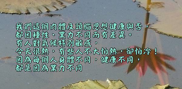 我們這個肉體及頭腦思想健康與否，都因種性、業力不同而有差異。有人對氣候特別敏感，今天很熱，有些人不大怕熱，卻怕冷！因為每個人身體不同，健康不同，都是因為業力不同