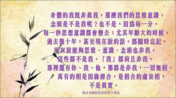 身體的我既非真我，那麼我們的思惟意識，念頭是不是我呢﹖也不是，因為每一分，每一秒思想意識都會變去﹔尤其年齡大的時候，過去幾十年，甚至現在說的話，都隨時忘記，所以說能夠思惟、意識、念頭也非我，這些都不是我。「我」都尚且非我，那裡還有你、我、他，那都是非我，一切無相。萬有的相是因緣湊合，是假合的虛妄相，不是真實。.jpg
