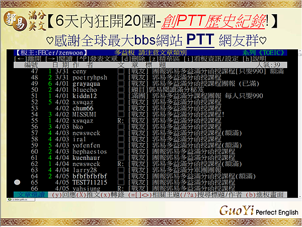 PTT全球最大BBS網路論壇六天內狂開20團郭易老師課程團報