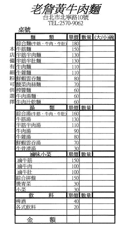 老詹黃牛肉麵菜單