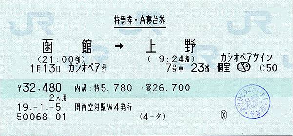 20070113 8010 函館-上野 特急券‧A寝台券