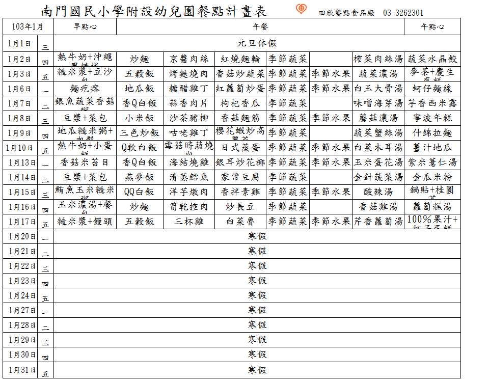 一月餐點表