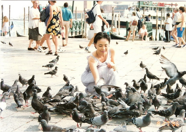 在威尼斯的廣場餵鴿子