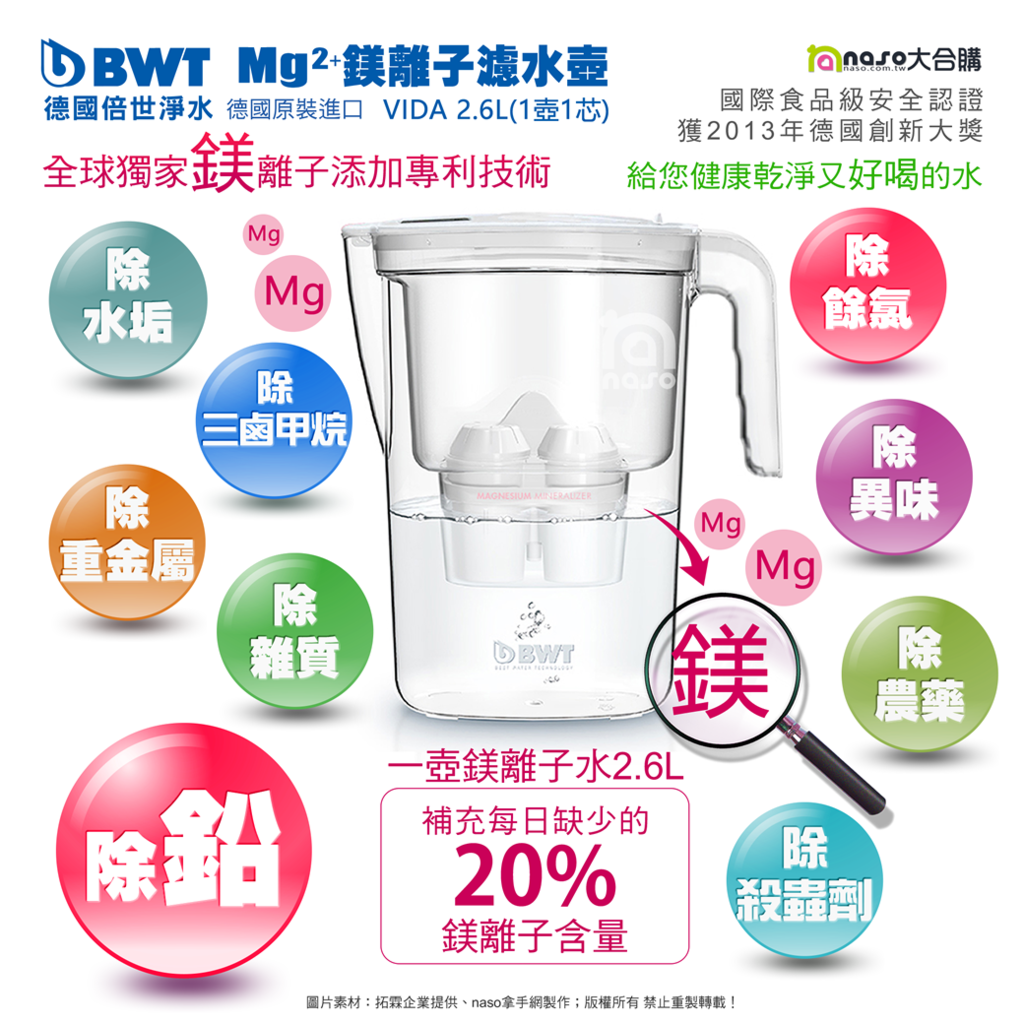 【BWT德國倍世】Mg2+鎂離子健康濾水壺 VIDA 2.6L(1壺1芯) 【BWT德國倍世】Mg2+鎂離子健康濾水壺 VIDA 2.6L(1壺1芯)