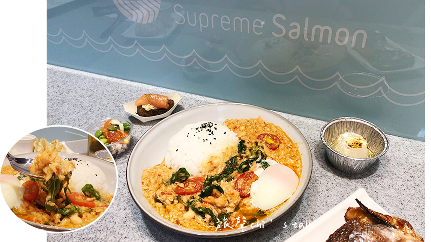美威鮭魚時代店餐點溫玉打拋鮭魚，很下飯