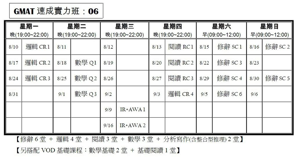 八月課表