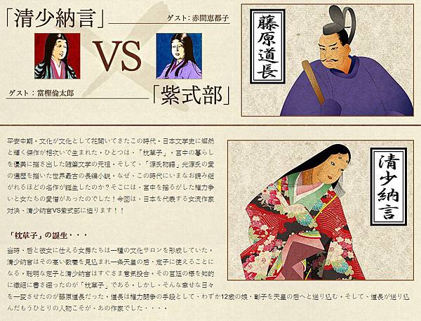 紫式部 清少納言 日本平安時代女性文學家 日本國寶 源氏物語 與 枕草子 在日本文學史上 被並列為平安時代文學作品之雙璧 撰寫 源氏物語 的紫式部與清少納言為同一時代的人物 兩人也常被一起並稱為平安時代代表性的文學才女 她們同一時間在宮廷中侍奉 而且極 紫式部 清少納言 日本平安時代女性文學家 日本國寶 源氏物語 與 枕草子 在日本文學史上 被並列為平安時代文學作品之雙璧 撰寫 源氏物語 的紫式部與清少納言為同一時代的人物 兩人也常被一起並稱為平安時代代表性的文學才女 她們同一時間在宮廷中侍奉 而且極