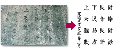 戒石銘 頒令箴 花間集 驚婚 公生明 牌坊 爾俸爾祿 民膏民脂 下民易虐 上天難欺 北宋初年 又精選其中四句 爾俸爾祿 民膏民脂 下民易虐 上天難欺 為 戒石銘 由黃庭堅手書頒布到各郡縣 又命國內大小衙門刻石立於大堂前甬路間 新官上任都要率眾官員拜碑