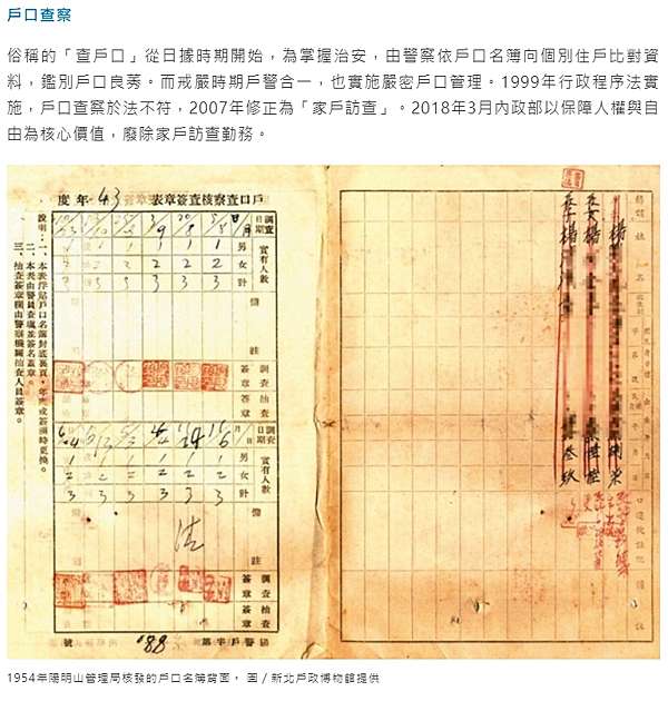 戶口名簿 台灣糧食配給制度 1956年台灣舉行光復後首次戶口普查 9月16日0時起動員15萬人同時登門訪查 當天全台門戶通宵開放 交通斷絕 確保人人在家接受普查 至早上六時結束 目前已進行8次普查與抽樣調查