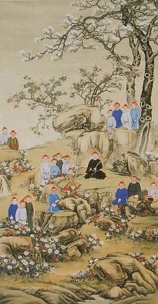 1722 年「雍正帝牡丹台觀花行樂圖」，描繪雍正帝在侍者簇擁