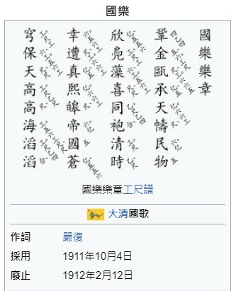 大清國歌為《鞏金甌》「鞏金甌，承天幬，民物欣鳧藻，喜同袍，清