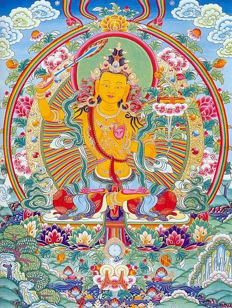 「三人智慧頂文殊」文殊菩薩像-頂結五髻是密教中文殊菩薩的特點