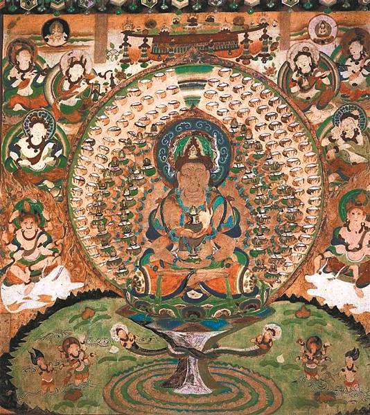 「三人智慧頂文殊」文殊菩薩像-頂結五髻是密教中文殊菩薩的特點