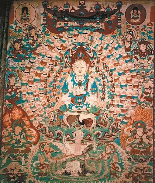 「三人智慧頂文殊」文殊菩薩像-頂結五髻是密教中文殊菩薩的特點