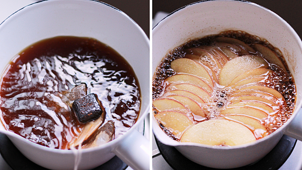 左圖為加糖之後的煮沸紅茶湯，右圖為加入蘋果片後煮沸的紅茶湯