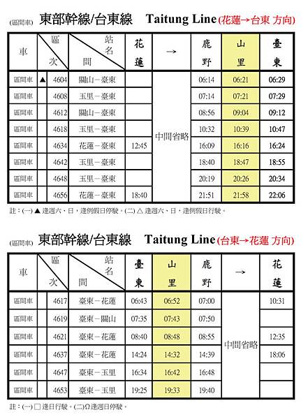 山里車站時刻表